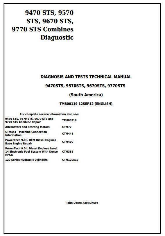 John Deere 9470STS, 9570STS, 9670STS, 9770STS s.America Combines Diagnostic Service Manual TM800119
