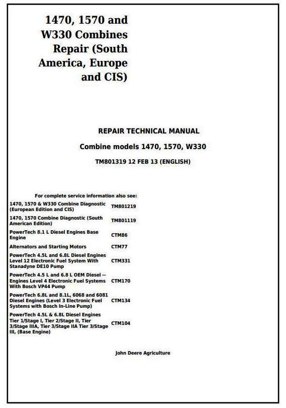 John Deere 1470, 1570, W330 Combines (South America, Europe, CIS) Service Repair Manual (TM801319)