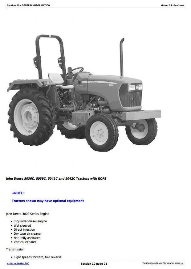John Deere 5036C, 5039C, 5041C, 5042C (India Edition) Tractors Diagnostic, Repair Technical Manual (TM900219)