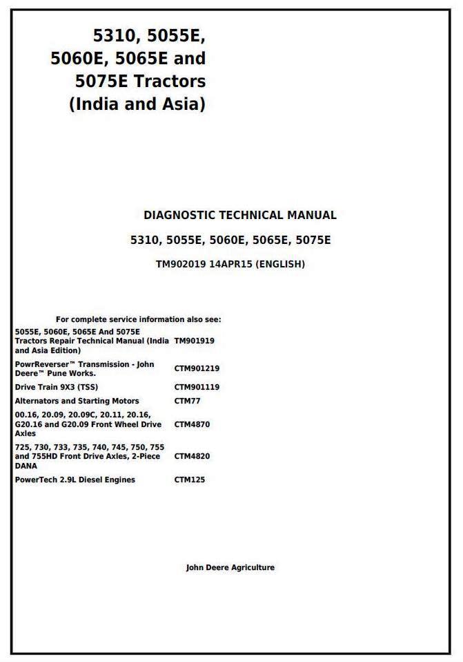 John Deere 5310, 5055E, 5060E, 5065E and 5075E India, Asia Tractors Diagnosis and Tests (TM902019)
