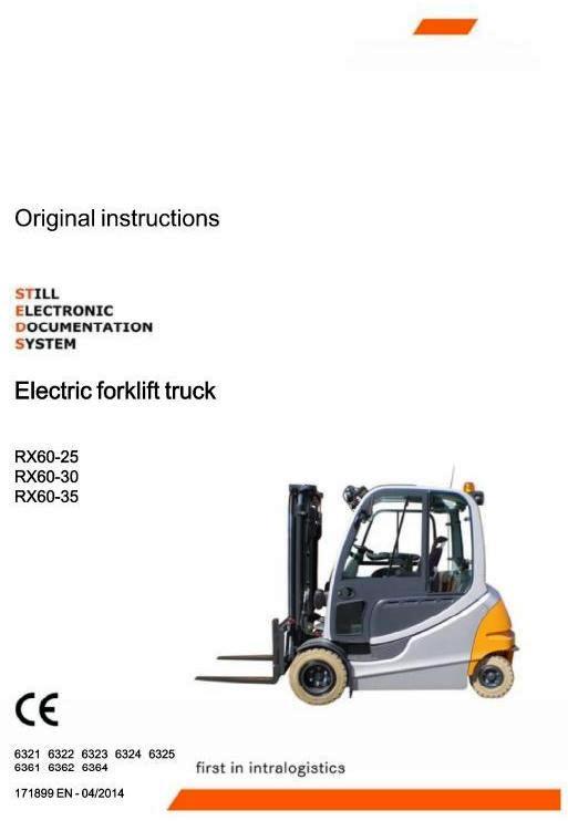 Still RX60-25, RX60-30,RX60-35 Electric Forklift Truck Ser.6321-6325,6361-6362,6364 Operating Manual