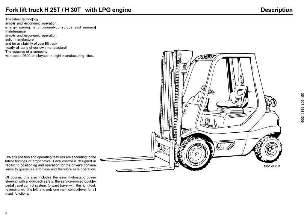 Linde H25T, H30T Forklift Truck 351-05 series w.LPG Nissan Engine Operating Instructions, Manual