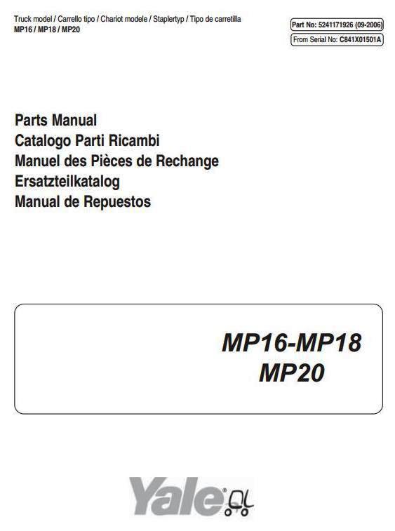 Yale MP16, MP18, MP20 Pallet Truck C841 Series Spare Parts Manual (Europe)