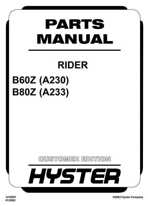 Hyster B60Z, B80Z Pallet Rider A230, A233 Series Spare Parts Manual (EPC)