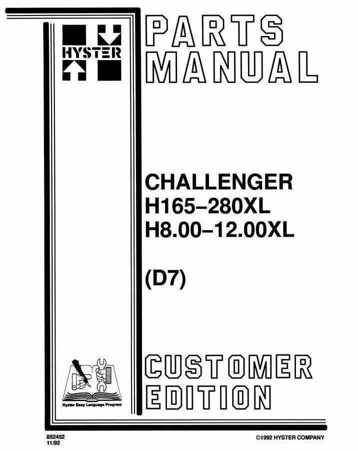 Hyster H165XL, H190XL, H210XL, H230XL, H250XL, H280XL Forklift Truck D007 Series Spare Parts Manual