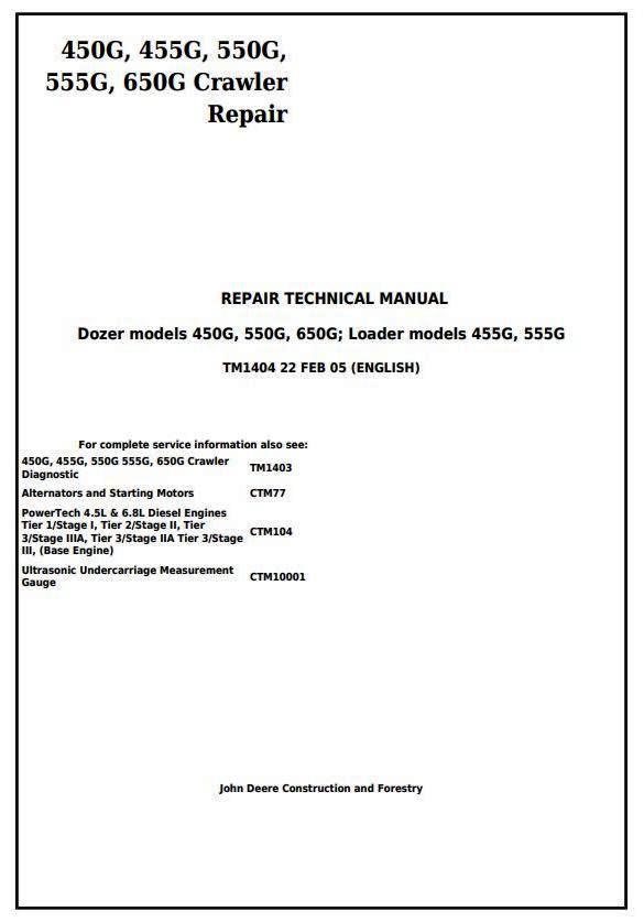 John Deere 450G, 550G, 650G Crawler Dozer; 455G, 555G Loader Service Repair Technical Manual (tm1404)