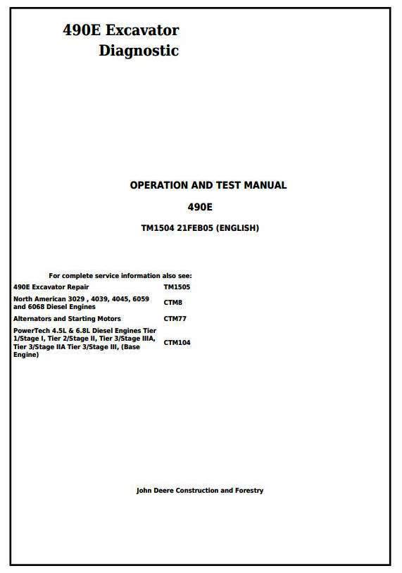 John Deere 490E Excavator Diagnostic, Operation and Test Service Manual (tm1504)