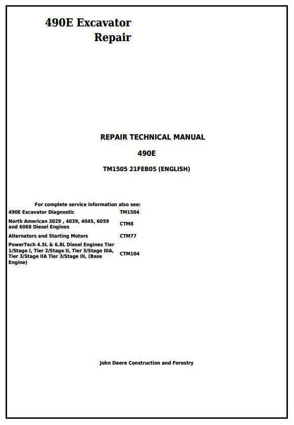 John Deere 490E Excavator Service Repair Technical Manual (tm1505)