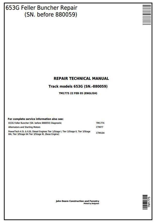 John Deere 653G (SN. before 880059) Tracked Feller Buncher Service Repair Technical Manual (tm1775)