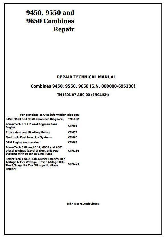 John Deere 9450, 9550 and 9650 Combines (SN. before 695100) Service Repair Technical Manual (tm1801)