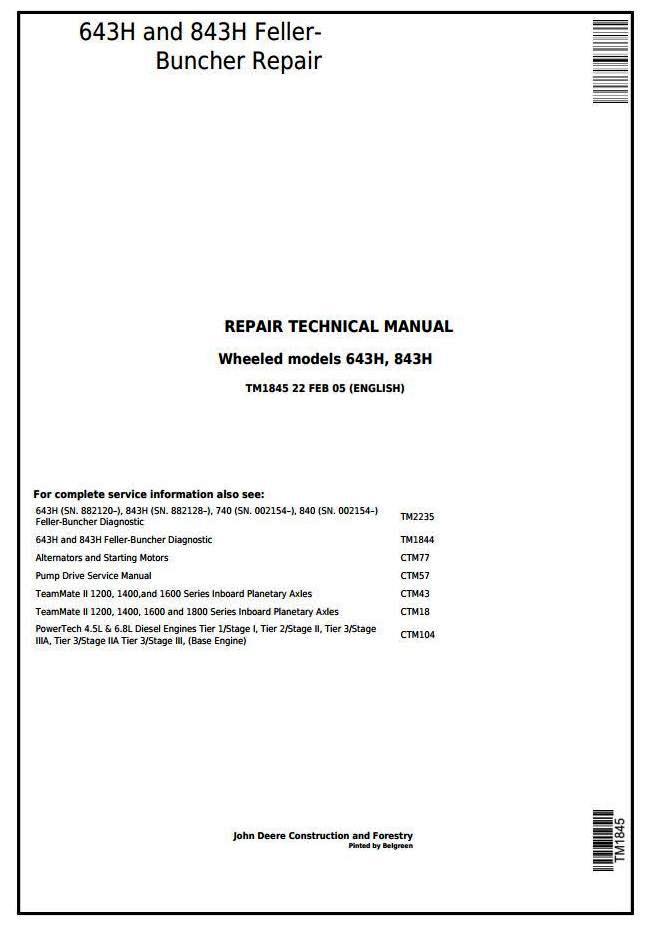 John Deere 643H and 843H Wheeled Feller Buncher Service Repair Technical Manual (tm1845)