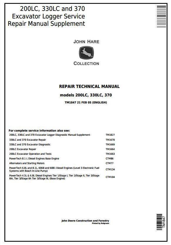 John Deere 200LC, 330LC and 370 Excavator Logger Service Repair Manual Supplement (tm1847)