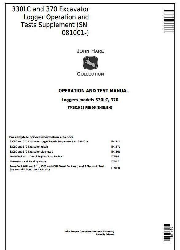 John Deere 330LC, 370 Excavator Logger (SN.081001-) Diagnostic and Tests Manual Supplement (TM1910)