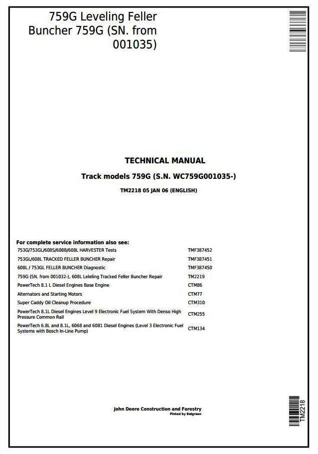 John Deere 759G (SN. from 001035) Feller Buncher (Track Harvester) Technical Service Manual (tm2218)
