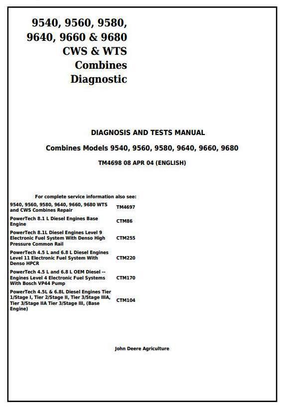John Deere 9540, 9560, 9580, 9640, 9660, 9680 CWS & WTS Combines Diagnostic Service Manual (tm4698)