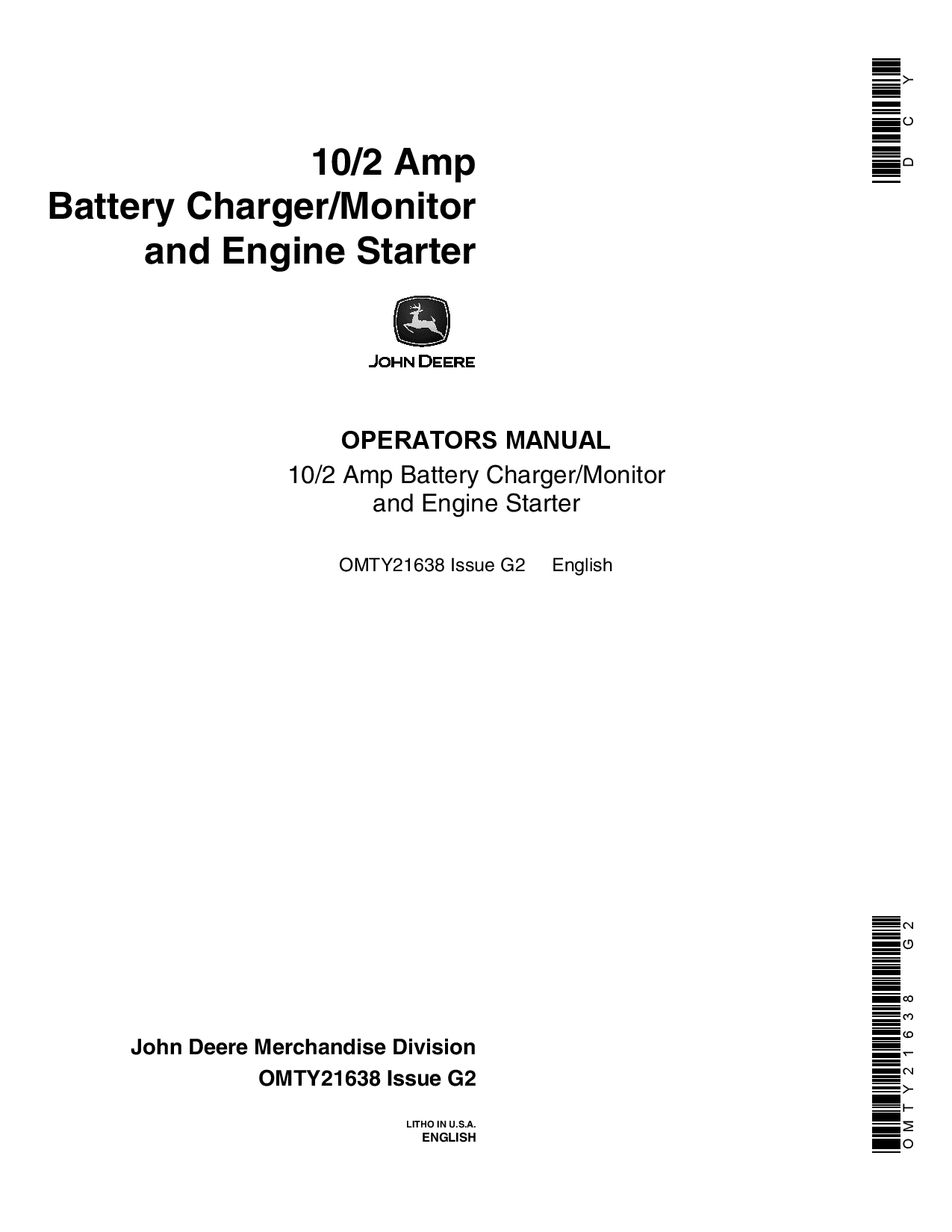 John Deere 10 2 Amp Battery Charger Monitor & Engine Starter OMTY21638 Operators and Maintenance Manual PDF Download