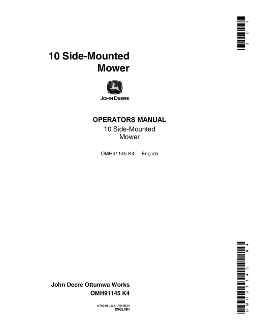 John Deere 10 Side-Mounted Mower OMH91145 Operators and Maintenance Manual PDF Download