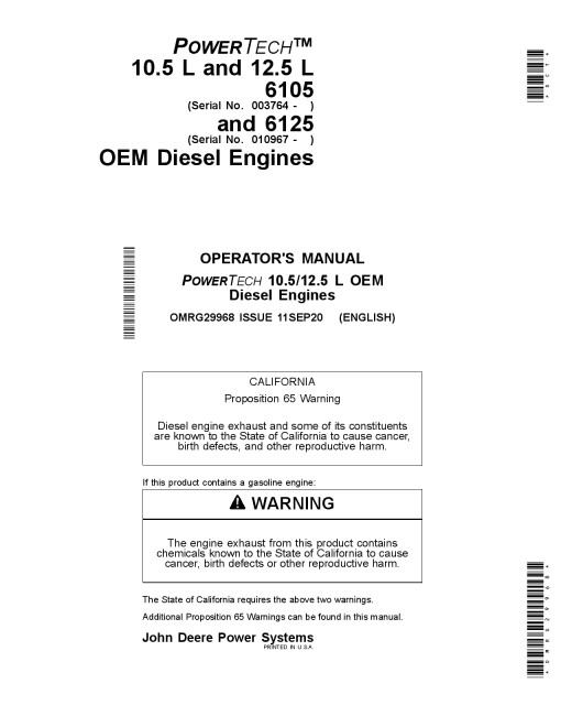 John Deere 10.5L, 6105 and 12.5L, 6125 OEM Diesel Engines OMRG29968 Operators and Maintenance Manual PDF Download