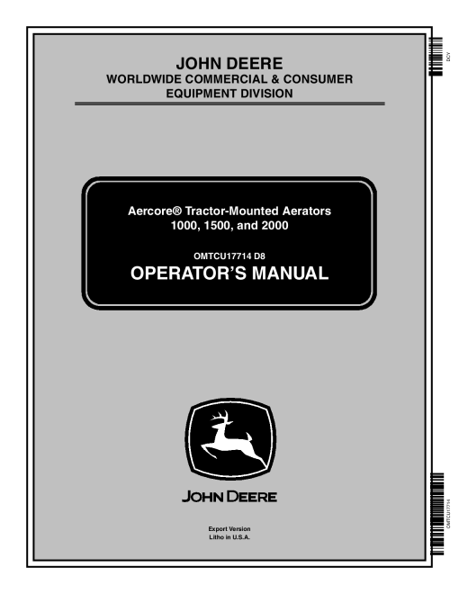 John Deere 1000, 1500 & 2000 Aercore Tractor-Mounted Aerators OMTCU17714 Operators and Maintenance Manual PDF Download
