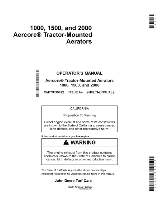 John Deere 1000, 1500 & 2000 Aercore Tractor-Mounted Aerators OMTCU30912 Operators and Maintenance Manual PDF Download