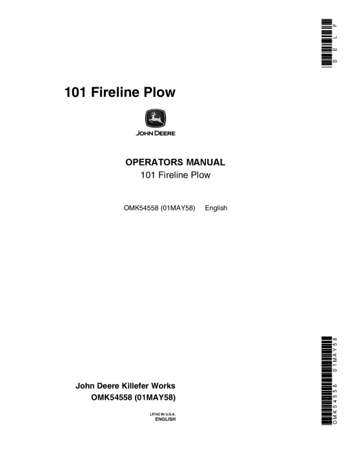 John Deere 101 Fireline Plow OMK54558 Operators and Maintenance Manual PDF Download