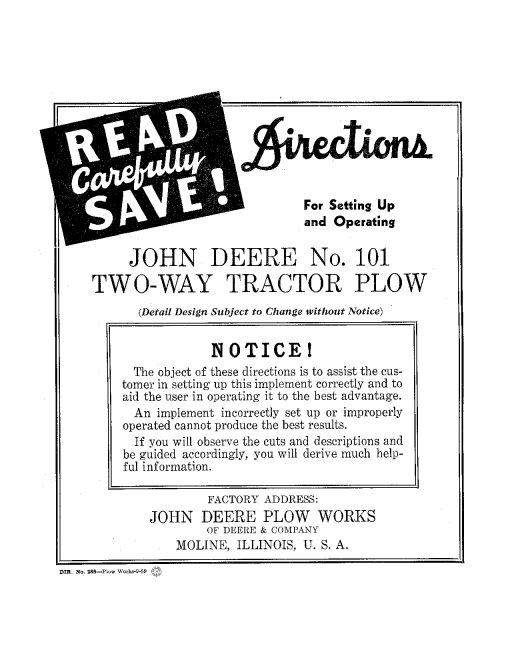 John Deere 101 Two-Way Tractor Plow DIR288A Operators and Maintenance Manual PDF Download