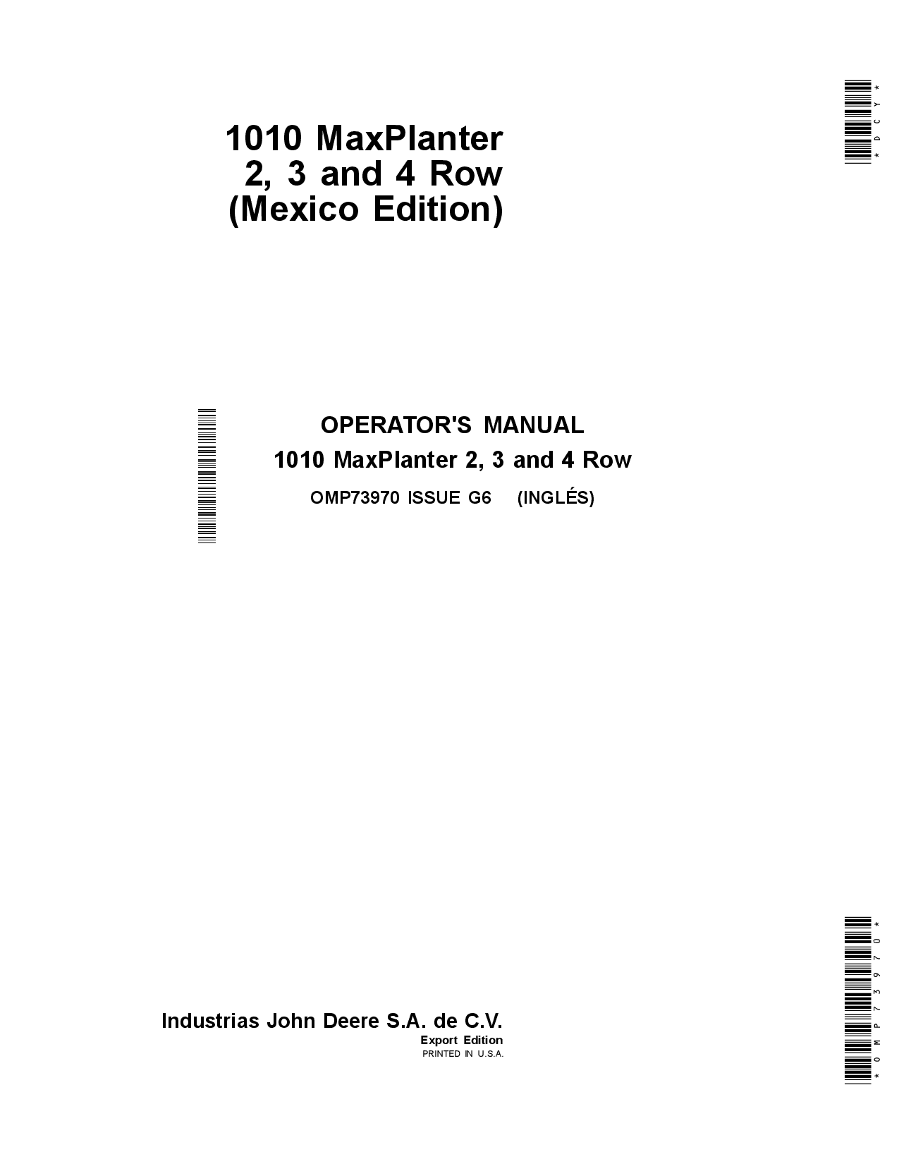 John Deere 1010 MaxPlanter 2, 3 & 4 Row (fiport Edition) (With Text Safety Decals) OMP73970 Operators and Maintenance Manual PDF Download