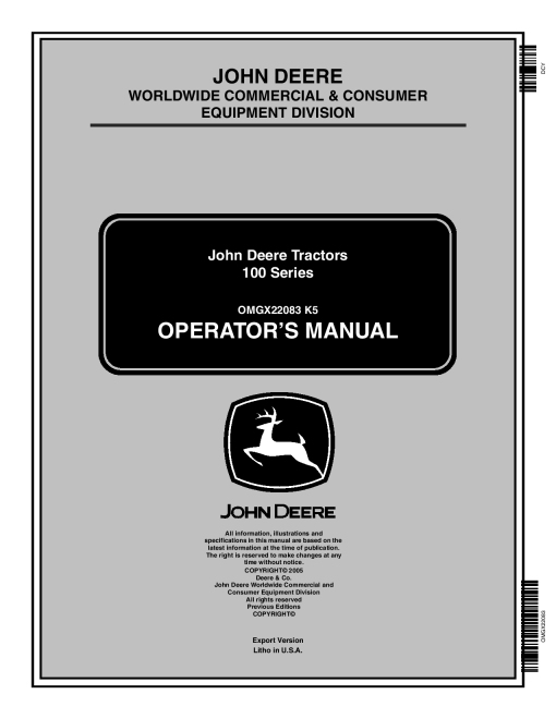 John Deere 102, 115, 125,35, 145, 155C & 190C Lawn & Garden Tractors (Includes LT) Export Edition (010001-) OMGX22083 Operators and Maintenance Manual PDF Download