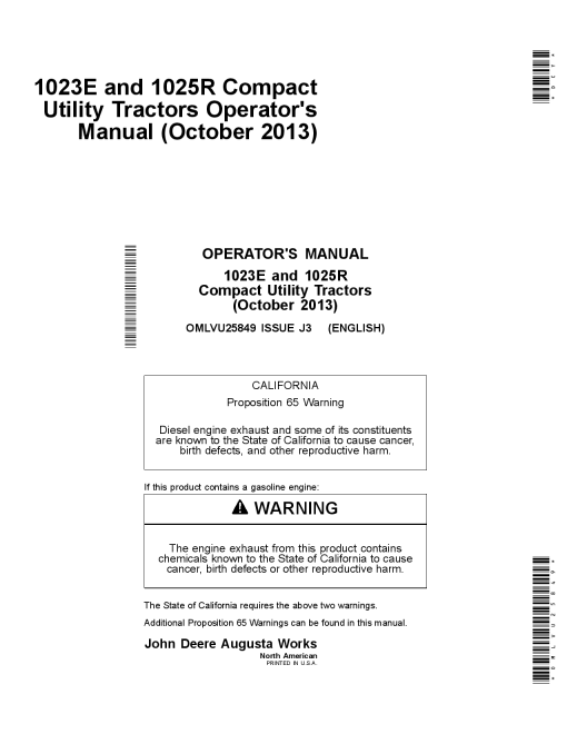 John Deere 1023E (310001-) Compact Utility Tractors 1025R (110001-) Compact Utility Tractors North American Edition OMLVU25849 Operators and Maintenance Manual PDF Download