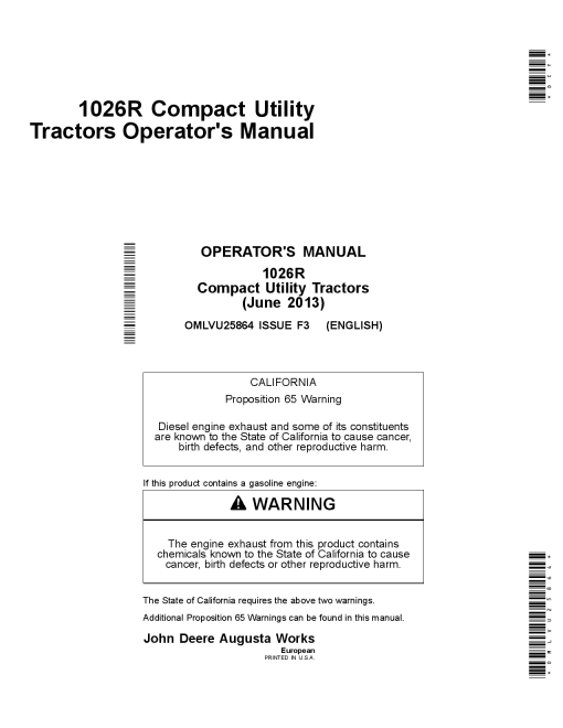 John Deere 1026R Compact Utility Tractor European Edition (310000-) OMLVU25864 Operators and Maintenance Manual PDF Download