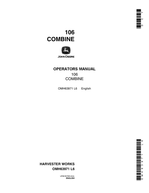 John Deere 106 Pull-Type Combine ( - 002000) OMH63971 Operators and Maintenance Manual PDF Download
