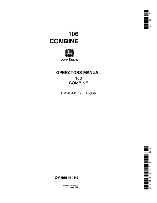 John Deere 106 Pull-Type Combine (002000-) OMH65141 Operators and Maintenance Manual PDF Download