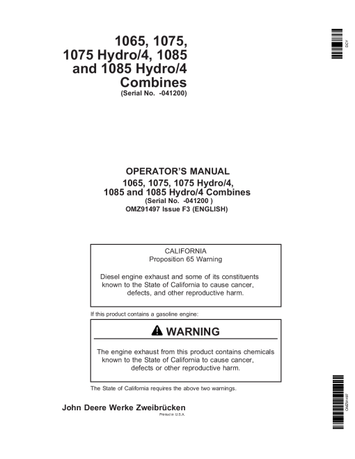 John Deere 1065, 1075, 1075 Hydro 4, 1085, 1085 Hydro 4 Combines OMZ91497 Operators and Maintenance Manual PDF Download