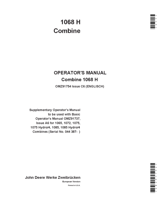 John Deere 1068 H Combines OMZ91754 Operators and Maintenance Manual PDF Download
