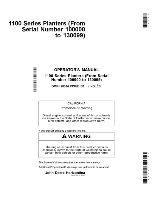 John Deere 1107, 1109, 1111 & 1113 Planters (100000-130099) OMKK20314 Operators and Maintenance Manual PDF Download