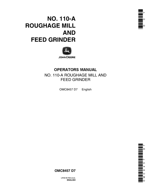 John Deere 110A Roughage Mill and Feed Grinder OMC8457 Operators and Maintenance Manual PDF Download