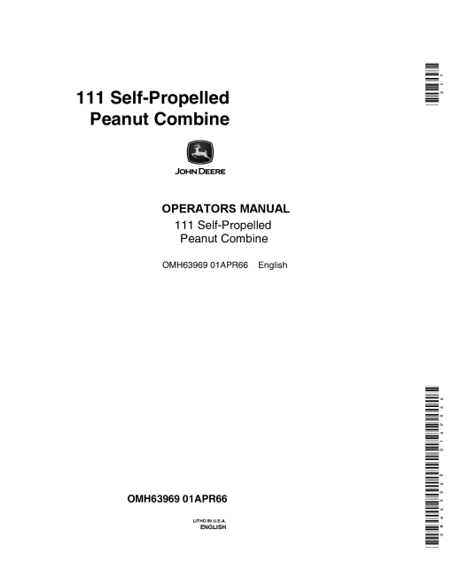 John Deere 111 Self-Propelled Peanut Combine OMH63969 Operators and Maintenance Manual PDF Download