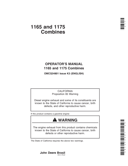 John Deere 1165, 1175 Combine OMCQ34801 Operators and Maintenance Manual PDF Download