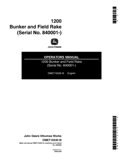John Deere 1200 Bunker & Field Rake OMET16530 Operators and Maintenance Manual PDF Download