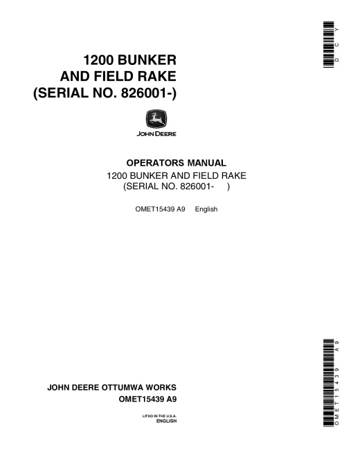 John Deere 1200 Bunker Rake OMET15439 Operators and Maintenance Manual PDF Download