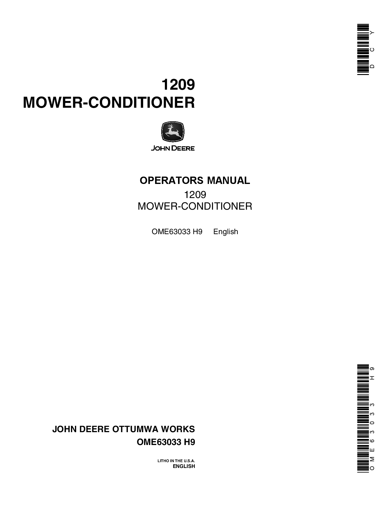 John Deere 1209 Mower Conditioner (425001 -) OME63033 Operators and Maintenance Manual PDF Download