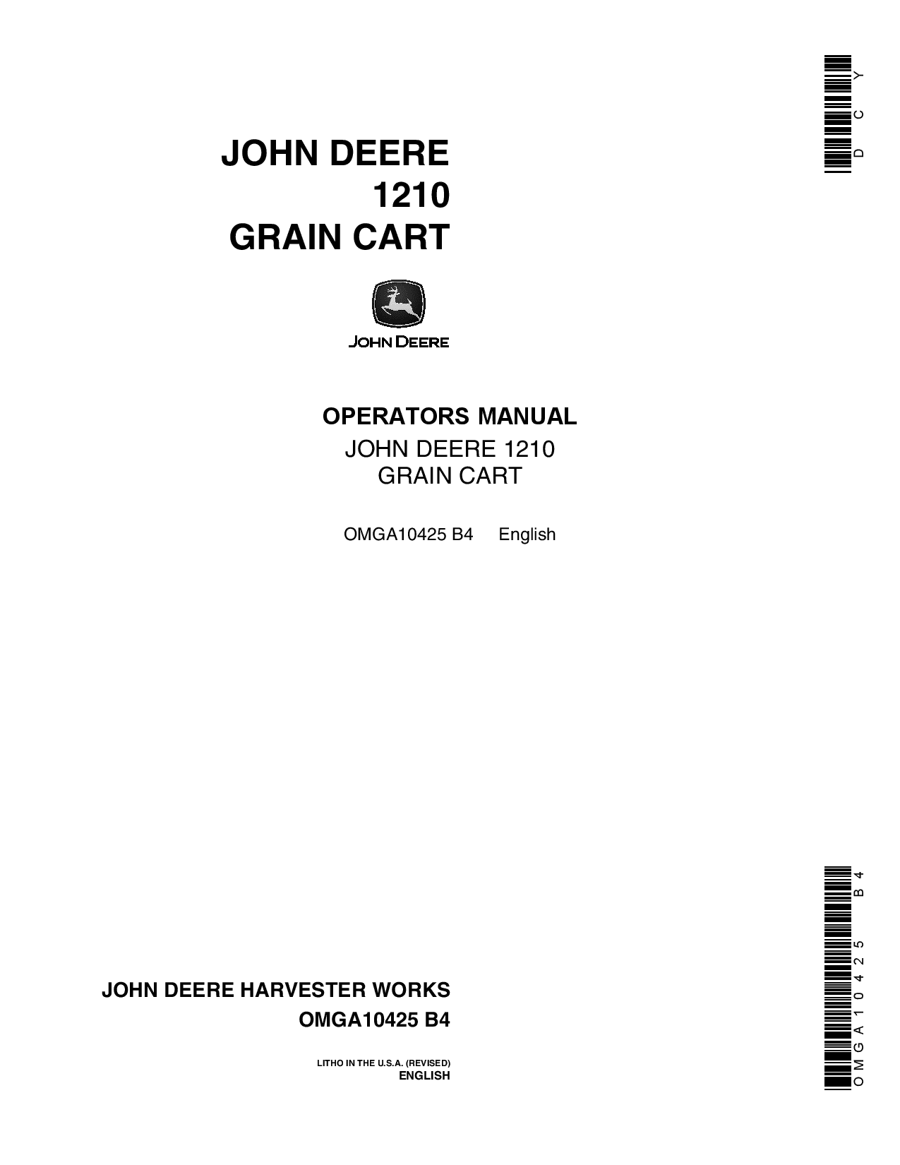 John Deere 1210 Grain Cart OMGA10425 Operators and Maintenance Manual PDF Download
