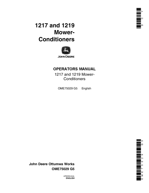 John Deere 1217, 1219 Mower Conditioner ( -765000) OME75029 Operators and Maintenance Manual PDF Download