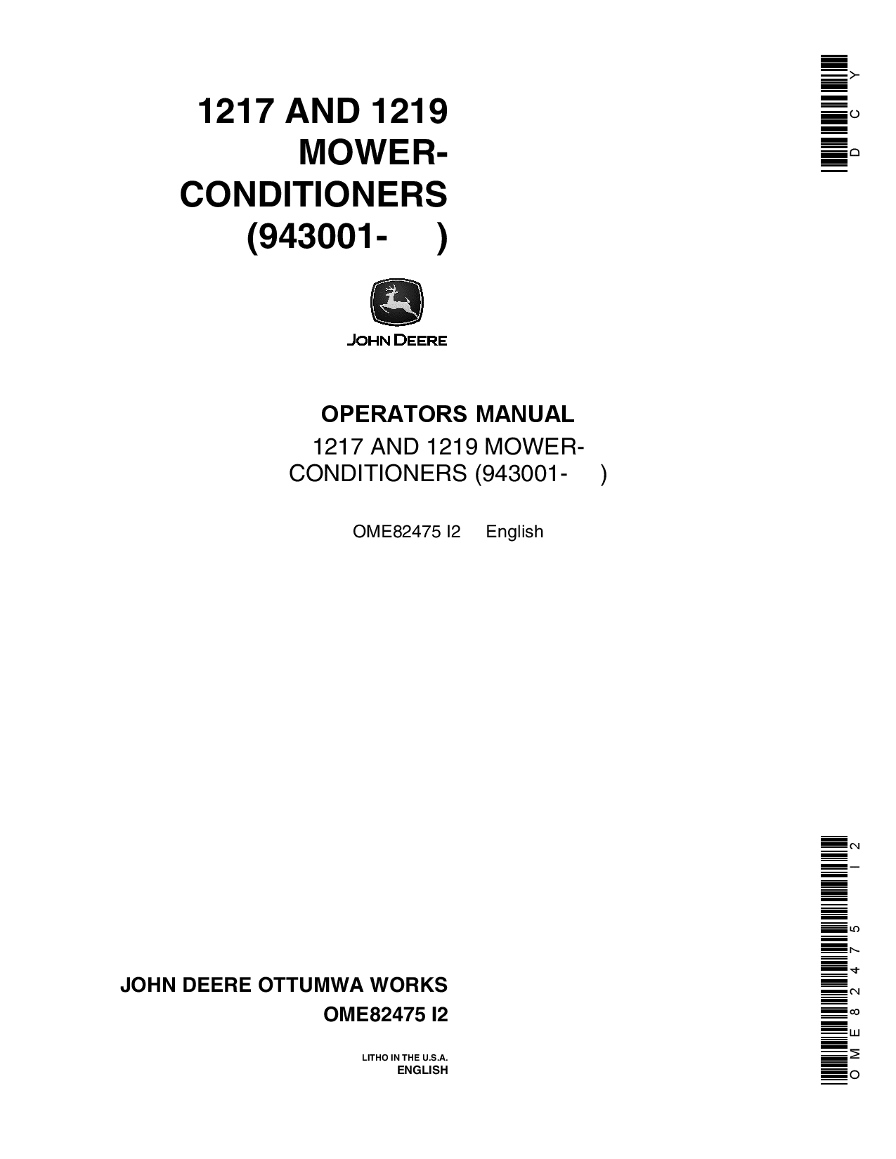John Deere 1217, 1219 Mower Conditioner (943001 - ) OME82475 Operators and Maintenance Manual PDF Download
