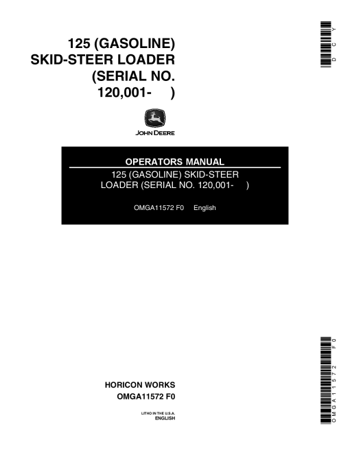 John Deere 125 Skid Steer Loader (Gas) OMGA11572 Operators and Maintenance Manual PDF Download