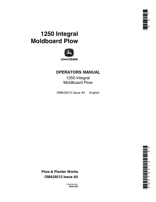 John Deere 1250 Moldboard Plow OMA29212 Operators and Maintenance Manual PDF Download