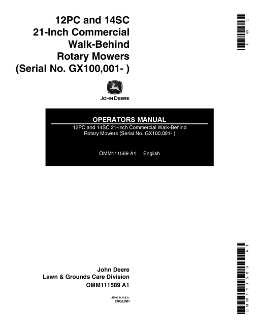 John Deere 12PC, 14SC, Commercial Rotary Mowers (100001-) OMM111589 Operators and Maintenance Manual PDF Download