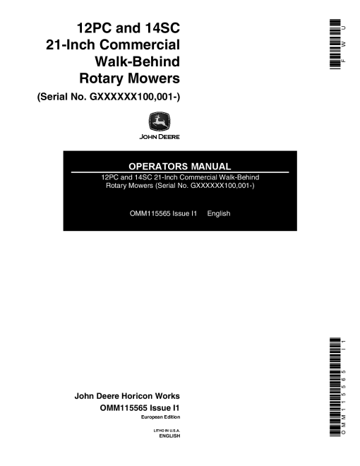 John Deere 12PC, 14SC Rotary Mowers (100001-) OMM115565 Operators and Maintenance Manual PDF Download