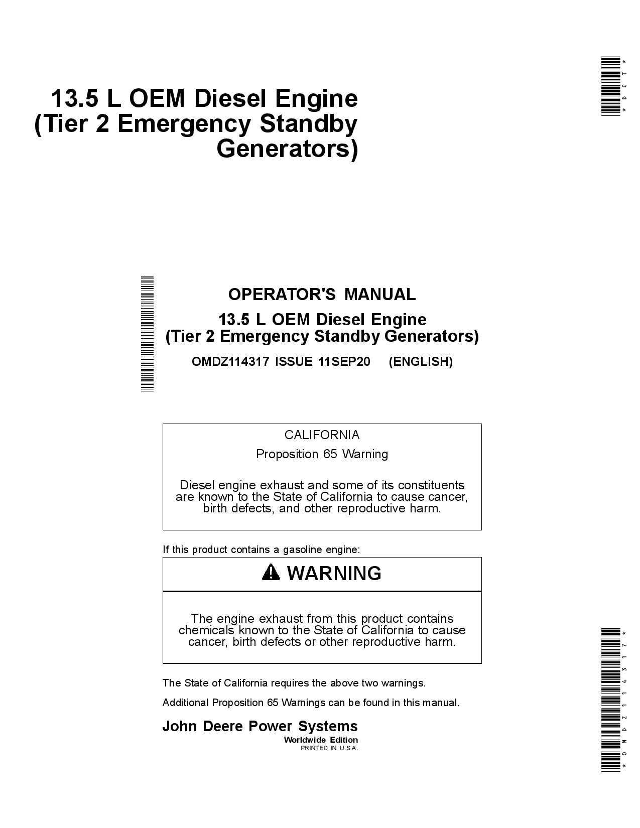 John Deere 13.5 L OEM Diesel Engine (Tier 2 Emergency Standby Generators) OMDZ114317 Operators and Maintenance Manual PDF Download