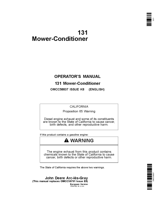 John Deere 131 Mower Conditioner OMCC58837 Operators and Maintenance Manual PDF Download